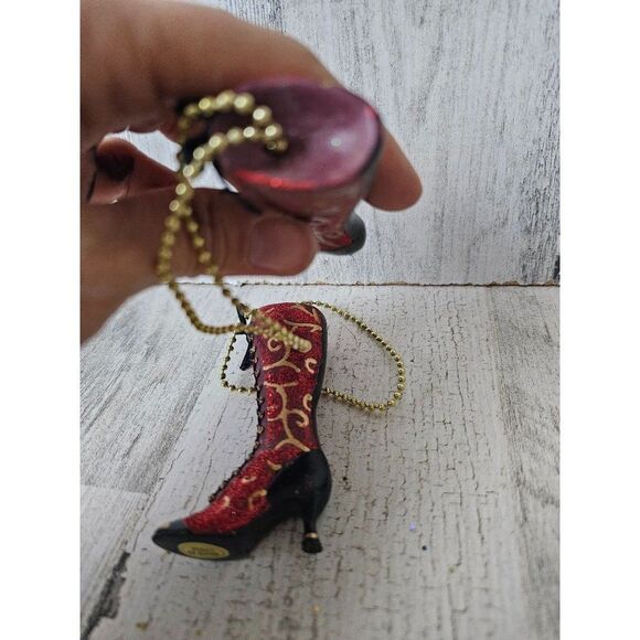 Vintage red glitter boot stiletto shoe ornament set Xmas tree gold set - Picture 5 of 7